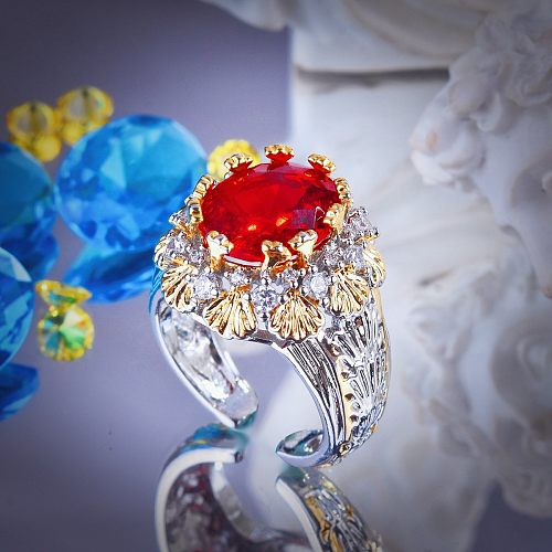Vintage Style Crown Copper Inlay Artificial Gemstones Open Ring 1 Piece