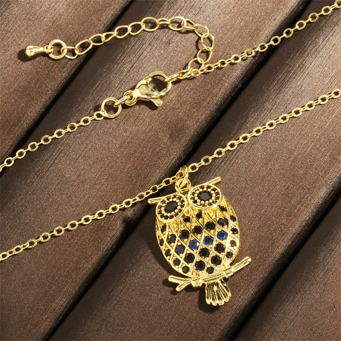 Vintage Style Owl Copper Plating Inlay Zircon 18K Gold Plated Pendant Necklace