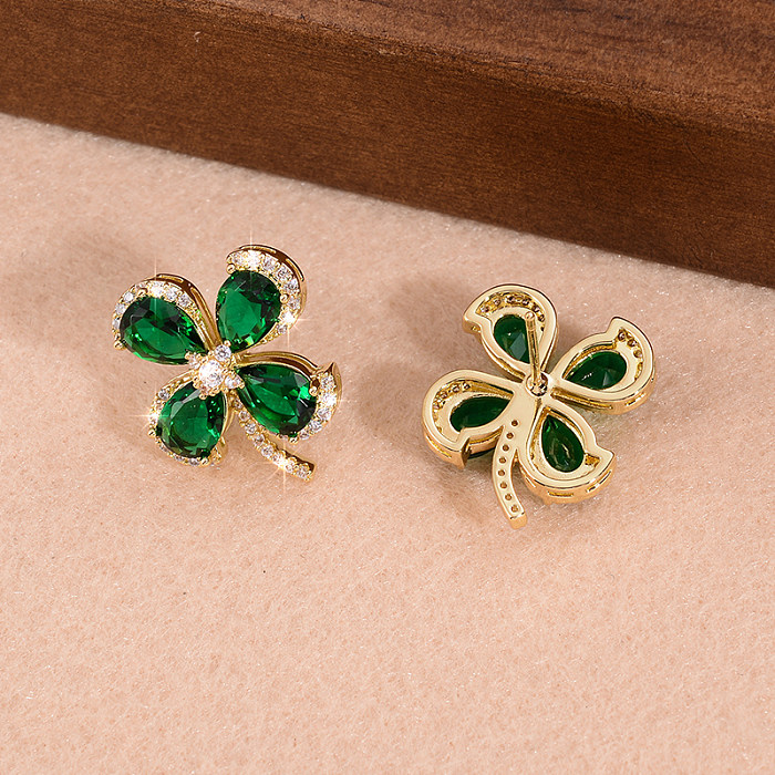 1 Pair Elegant Shiny Four Leaf Clover Plating Inlay Copper Glass Zircon 14K Gold Plated Earrings