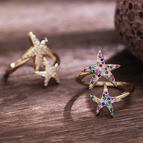 Elegantes anéis abertos de zircão com incrustações de cobre com pentagrama