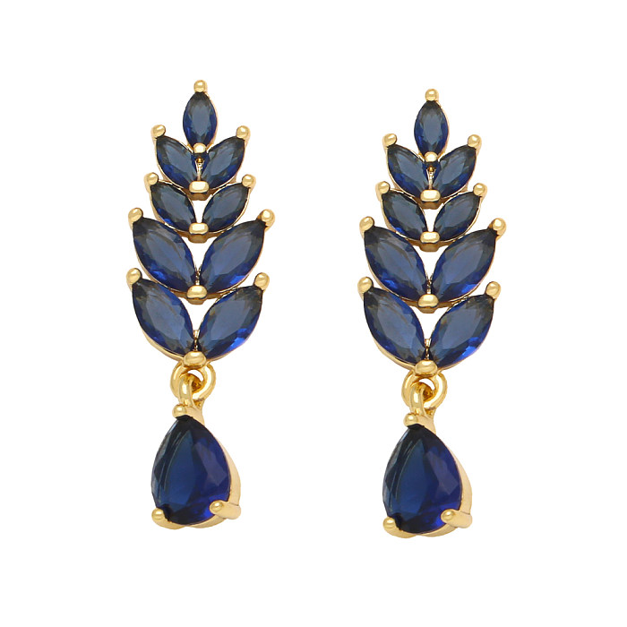 1 Pair Shiny Leaf Water Droplets Copper Plating Inlay Zircon 18K Gold Plated Drop Earrings
