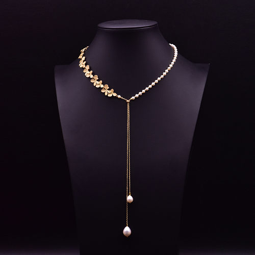 Elegant Retro Geometric Copper Plating Inlay Pearl 18K Gold Plated Sweater Chain