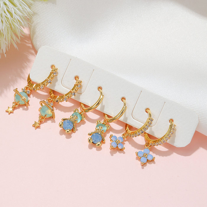 Fashion Star Flower Copper Inlay Zircon Dangling Earrings 1 Set