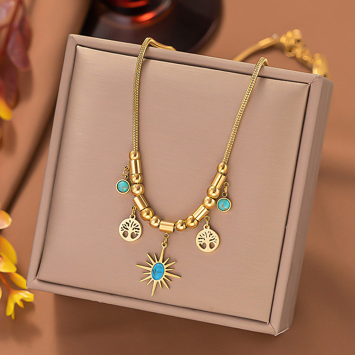 Streetwear Sun Tree – collier avec incrustation de placage en acier et titane, Bracelets Turquoise