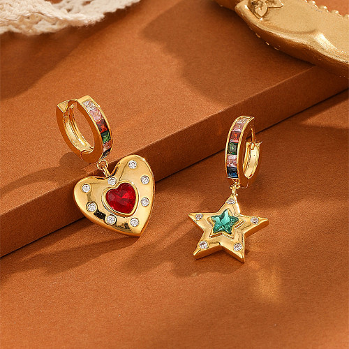 1 Pair Sweet Simple Style Pentagram Heart Shape Inlay Copper Crystal Zircon Drop Earrings