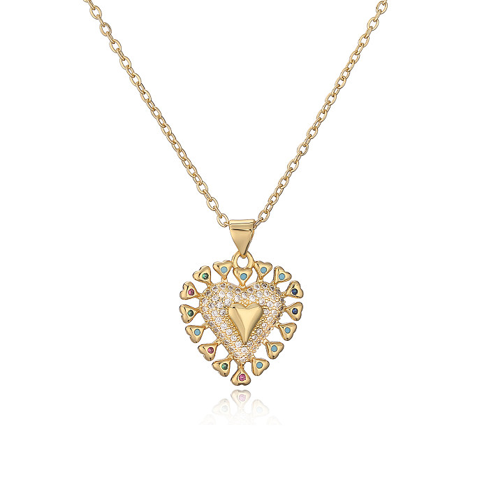Elegant Simple Style Heart Shape Copper Plating Inlay Zircon 18K Gold Plated Pendant Necklace