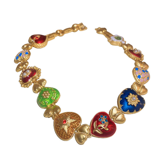 Collier de perles artificielles et strass, Style Vintage, en forme de cœur, incrustation de fleurs en cuivre
