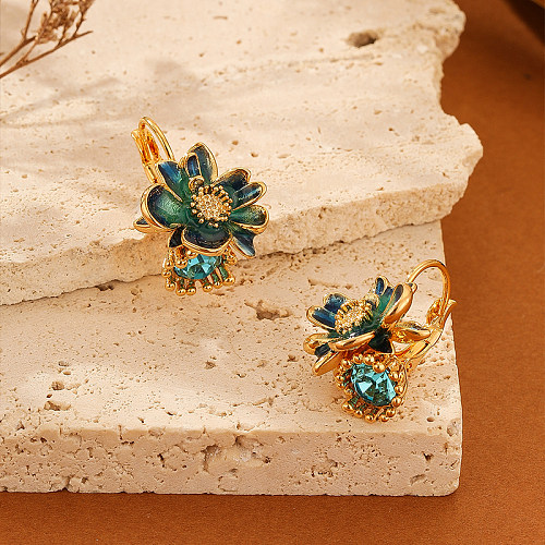 1 Paar Streetwear-Ohrringe mit Blumen-Inlay aus Kupfer und Zirkon