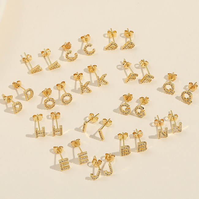 Fashion Letter Copper Gold Plated Zircon Ear Studs 1 Pair