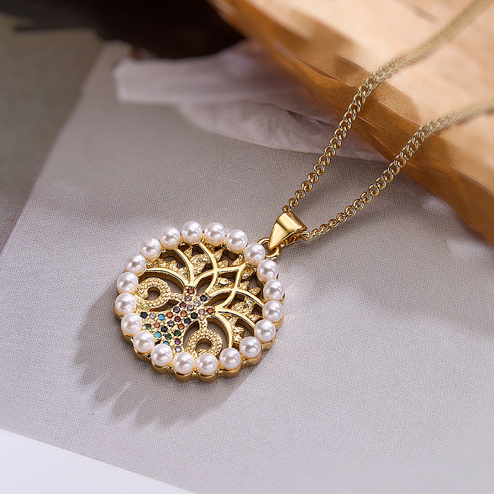Einfache Pendel-Halskette mit rundem Kupferüberzug und Inlay-Zirkon-Anhänger, 18 Karat vergoldet