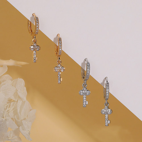 1 Pair Simple Style Commute Cross Plating Inlay Copper Zircon 18K Gold Plated Drop Earrings