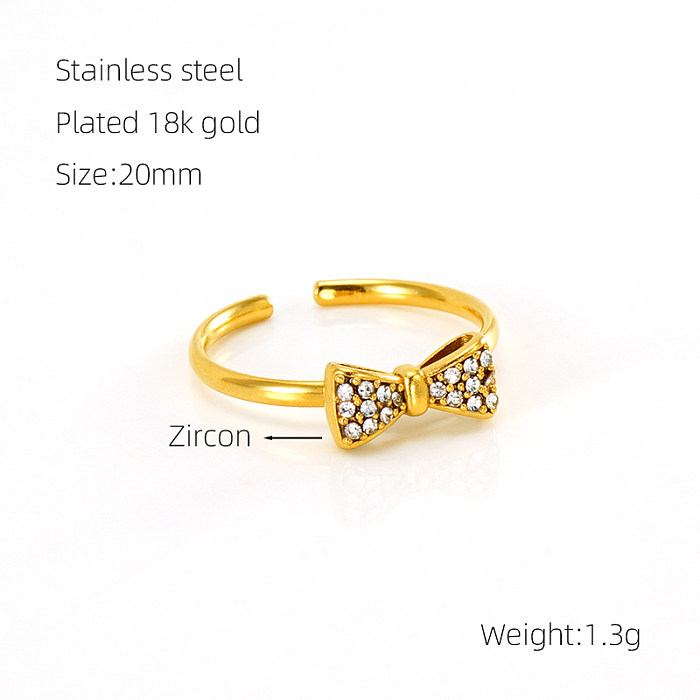 Retro doce laço nó chapeamento de aço inoxidável inlay zircon 18K anéis abertos banhados a ouro