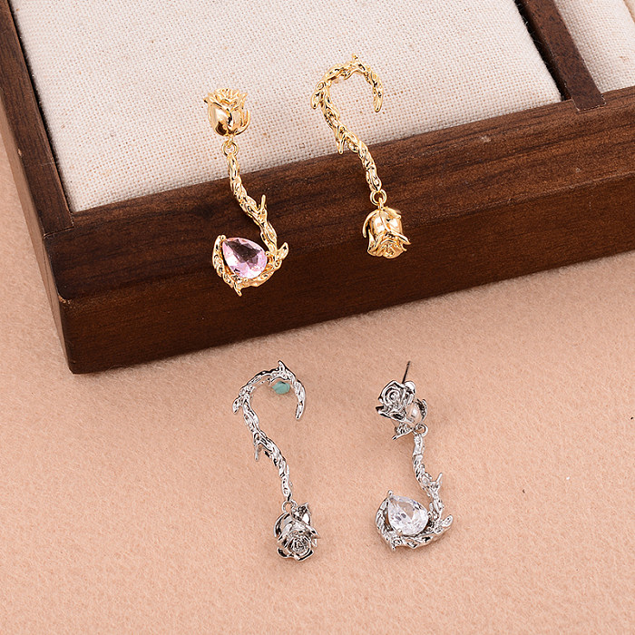1 Paar schlichte Ohrringe mit Blumenüberzug, Inlay, Kupfer, Zirkon, vergoldet