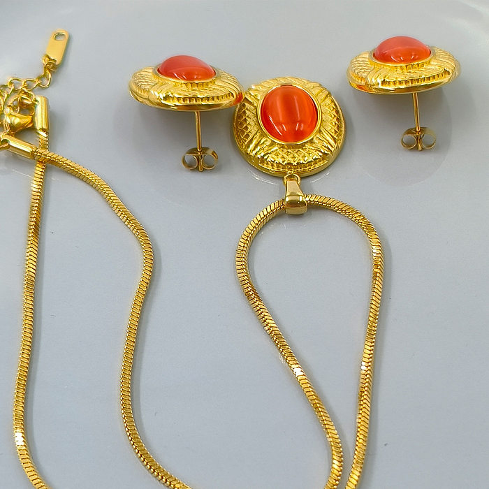 Elegante Retro-Ohrring-Halskette mit ovaler Titanstahlbeschichtung und Inlay-Edelsteinen