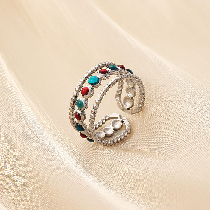 Modischer offener Ring mit mehrfarbigen Tupfen, Edelstahlbeschichtung, ausgehöhltem Inlay, künstlichen Edelsteinen, 1 Stück