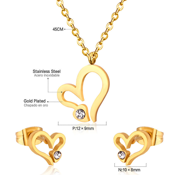 Fashion Heart Shape Stainless Steel Inlay Zircon Earrings Necklace 1 Set