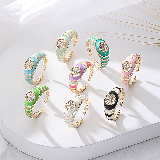 Anéis abertos de zircão com embutimento de esmalte de cobre colorido casual streetwear