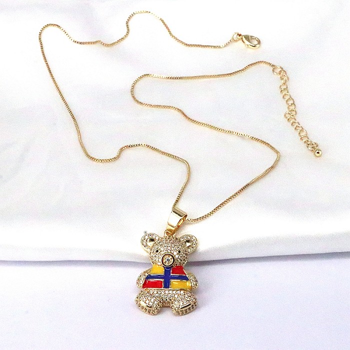 Hip-Hop Retro Little Bear Copper Enamel Plating Inlay Zircon Gold Plated Pendant Necklace