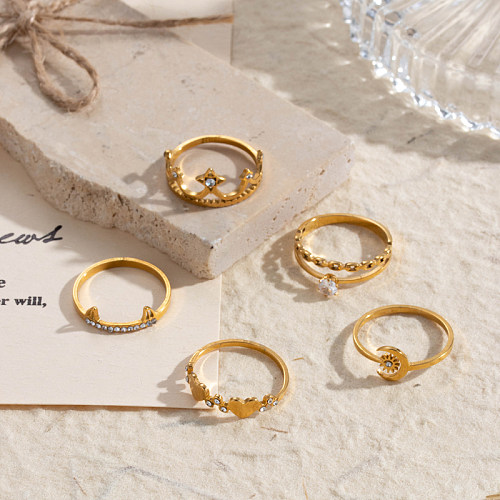 Lässige, elegante Damen-Ringe mit geometrischem Stern und Mond aus Edelstahl, 18 Karat vergoldet, mit Strasssteinen, in großen Mengen