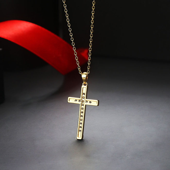 Fashion Cross Copper Inlay Zircon Necklace 1 Piece