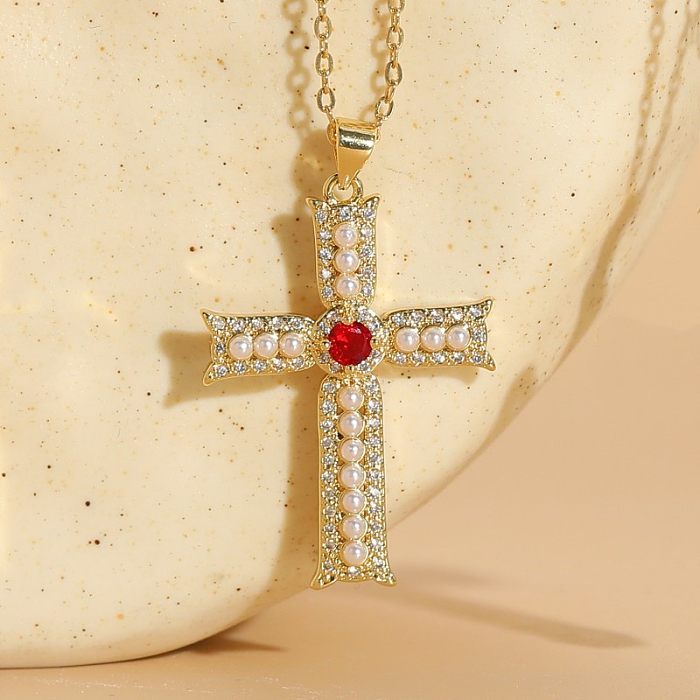 Elegant Luxurious Classic Style Cross Copper Plating Inlay Pearl Zircon 14K Gold Plated Pendant Necklace