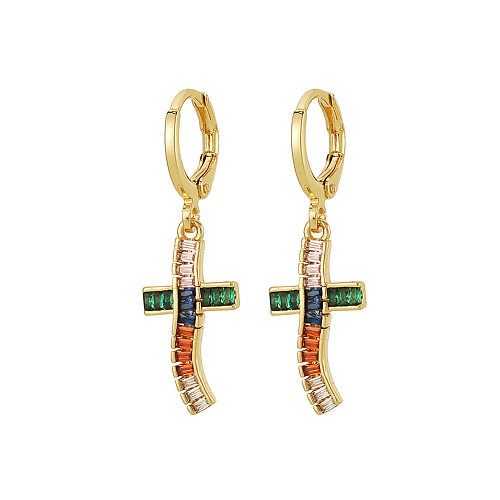 1 Pair Simple Style Cross Inlay Copper Zircon Drop Earrings