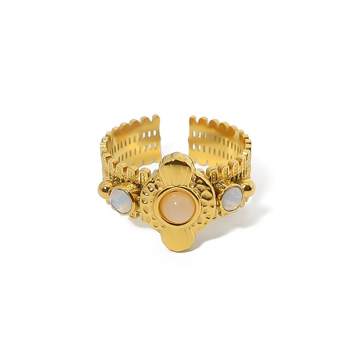 Estilo vintage geométrico titânio chapeamento de aço embutido pedra natural anel aberto banhado a ouro 14K