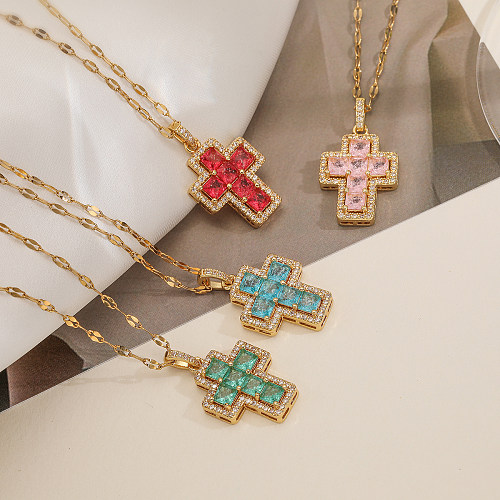 Hip-Hop Cross Copper 18K Gold Plated Zircon Pendant Necklace In Bulk