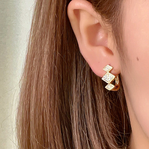 1 Paar lässige Punk-Ohrringe mit glänzender Rhombus-Beschichtung, Inlay, Kupfer, Zirkon, Weißgold vergoldet