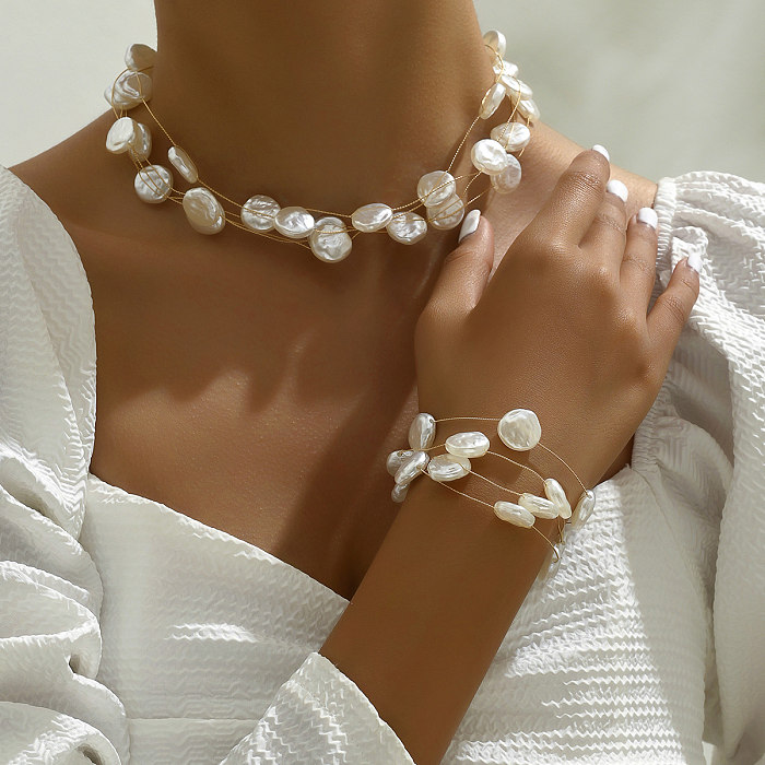 Élégant romantique doux géométrique perle artificielle cuivre perlé placage plaqué or 18 carats ensemble de bijoux