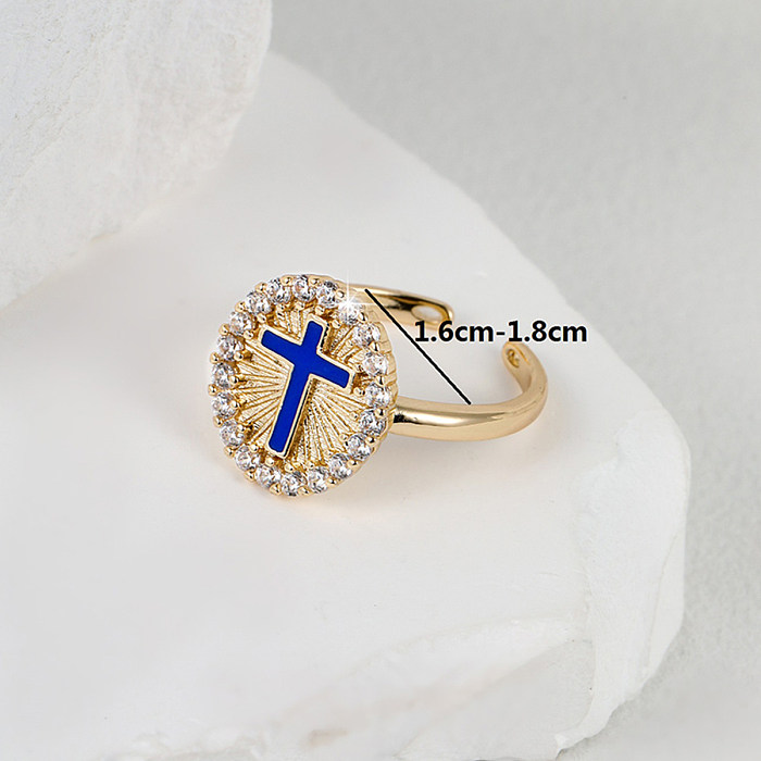 Modischer offener Ring mit Kreuz, Kupfer, vergoldet, Zirkon, 1 Stück