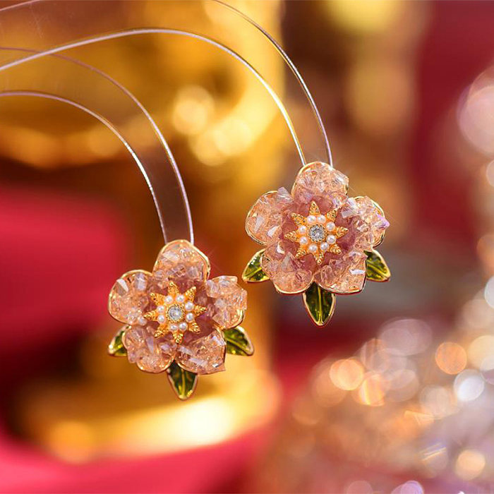 1 Paar elegante Retro-Blumenüberzug-Inlay-Kupfer-Kunstkristall-Kunstperlen 14K vergoldete Ohrstecker