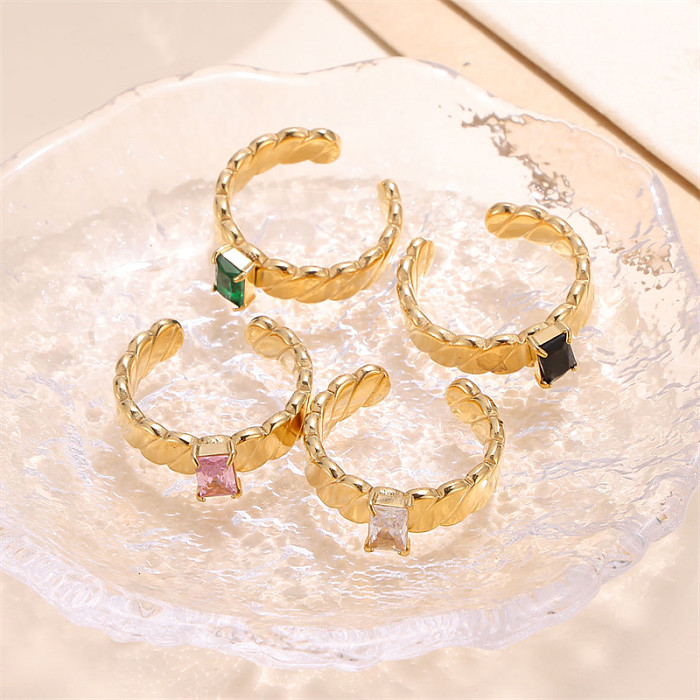 Glam Shiny Square Stripe Stainless Steel Plating Inlay Zircon 18K Gold Plated Open Rings