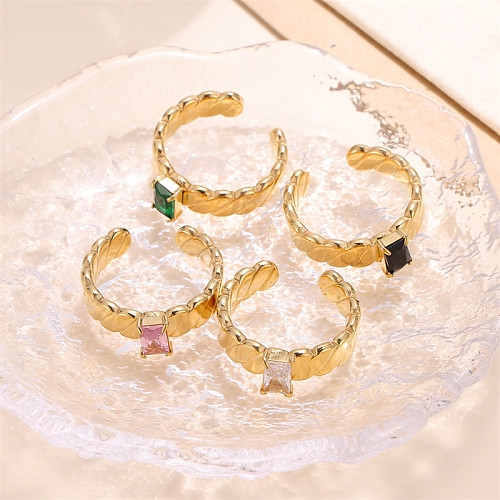 Glam brilhante listra quadrada de aço inoxidável embutimento zircão anéis abertos banhados a ouro 18K