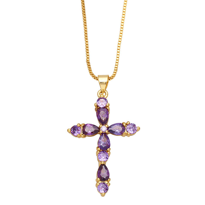 Fashion Colorful Zircon Cross Hip Hop Diamond Copper Necklace
