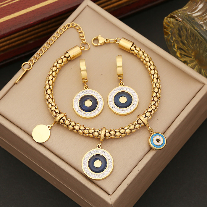 INS Style Round Stainless Steel Inlay Rhinestones Bracelets Earrings Necklace