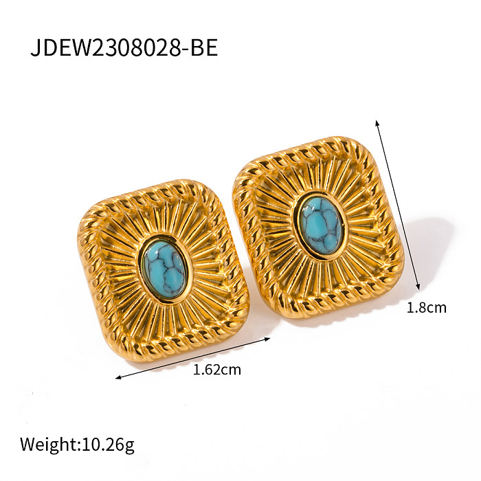 IG Style Retro Rectangle Stainless Steel Plating Inlay Turquoise 18K Gold Plated Rings Earrings