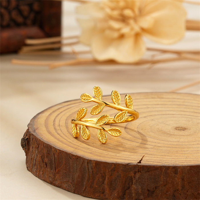 Elegante estilo simples estilo clássico folha cobre anéis banhados a ouro
