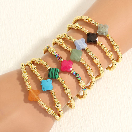 Retro Simple Style Four Leaf Clover Stone Copper Beaded Handmade Plating 18K Gold Plated Bracelets