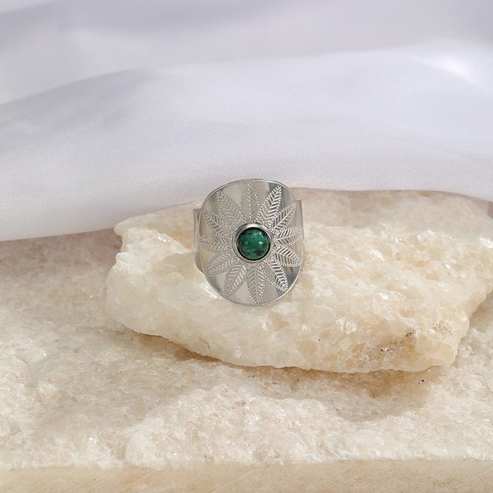 Fashion Round Stainless Steel Inlay Turquoise Open Ring
