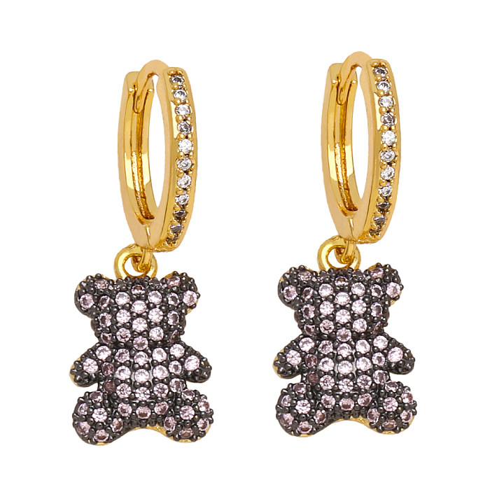 1 Paar niedliche Bären-Ohrringe im IG-Stil mit Inlay-Kupfer-Zirkon-Vergoldung und 18-Karat-Vergoldung