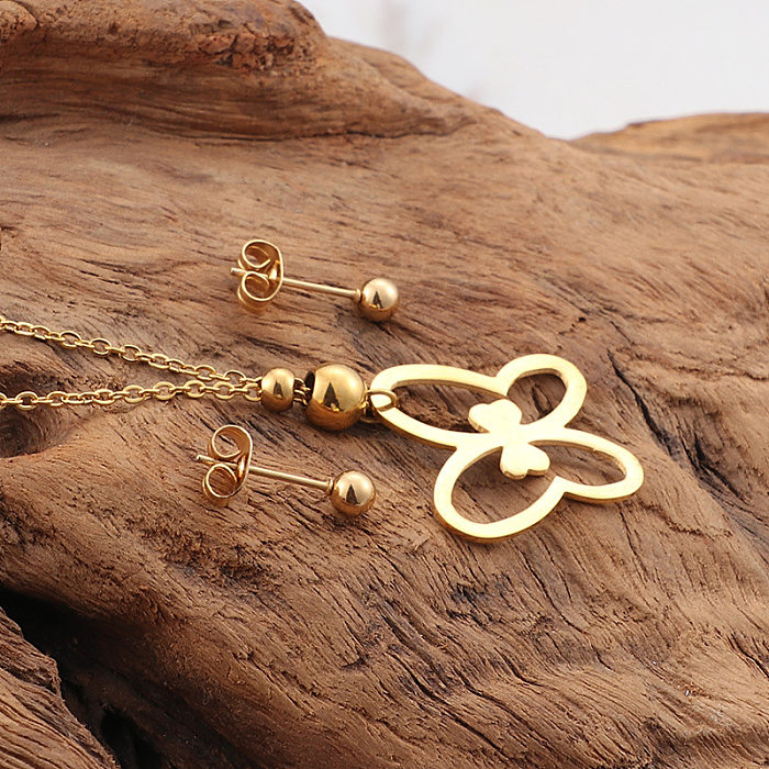 Collier et boucles d'oreilles papillon en acier inoxydable, ensemble de bijoux de Style coréen, vente en gros