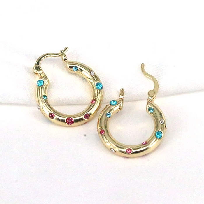1 Pair Retro Round Copper Plating Inlay Zircon Gold Plated Earrings