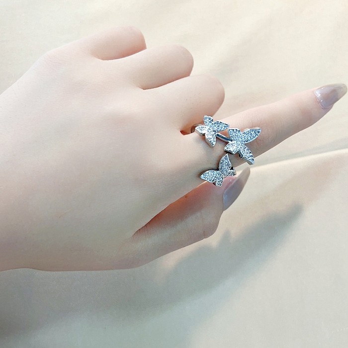 Casual Sweet Round Snake Butterfly Copper Plating Inlay Zircon White Gold Plated Open Rings