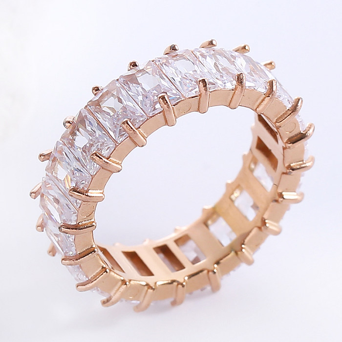 Estilo simples romântico cor sólida chapeamento de aço inoxidável inlay zircon 18K banhado a ouro rosa anéis banhados a ouro