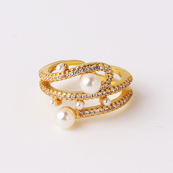 Anillos abiertos chapados en oro con circonita perla con incrustaciones de cobre en forma de corazón circular de estilo vintage elegante