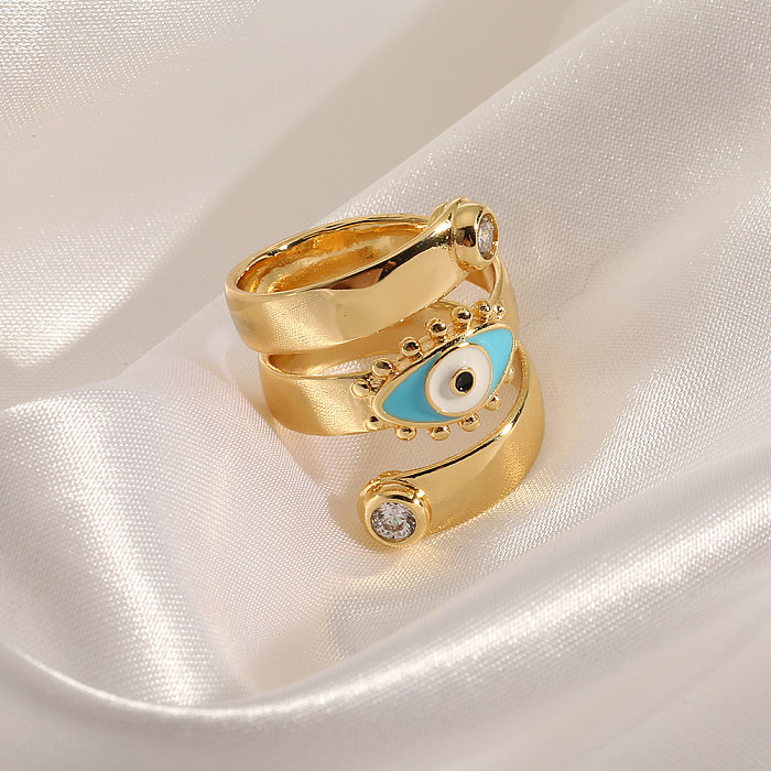 Anillos de cobre con circonita esmaltada y anillo abierto de cobre con ojo de diablo geométrico a la moda