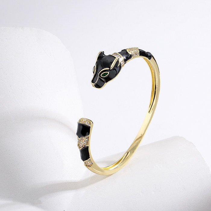 Simple Copper 18K Gold Plating Zircon Dripping Oil Leopard Head Open Bracelet