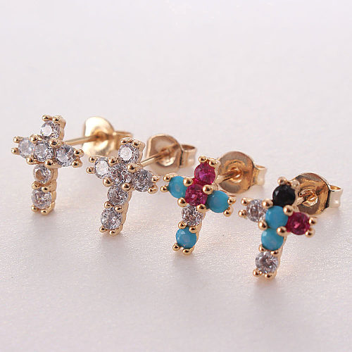 1 Pair IG Style Korean Style Cross Plating Inlay Copper Zircon Gold Plated Ear Studs