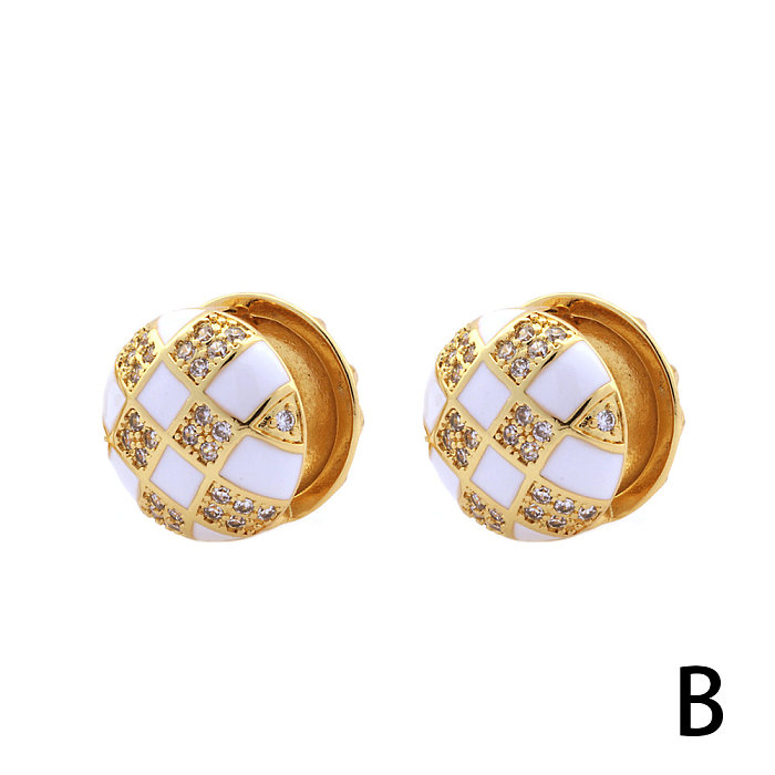 1 Pair Retro Simple Style Checkered Enamel Plating Inlay Copper Zircon 18K Gold Plated Ear Studs